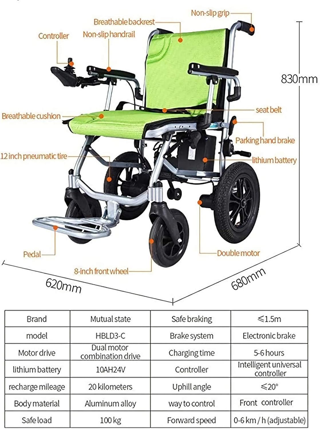 Electric Folding Wheelchair – Dual Motor Drive, 10Ah Battery, Anti-Tip Design, Rear Attendant Control