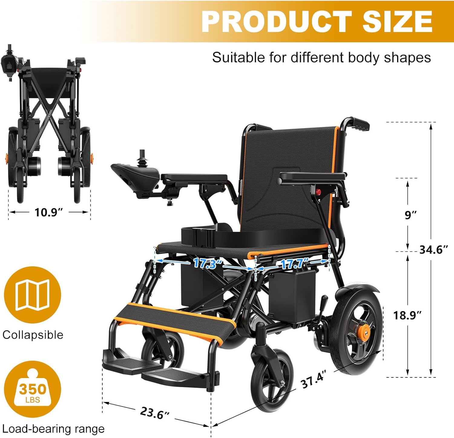 Foldable Electric Wheelchair with Dual Motor, 15-Mile Range, Lead-Acid Battery, 350 lb Capacity – Portable Mobility Chair for Adults
